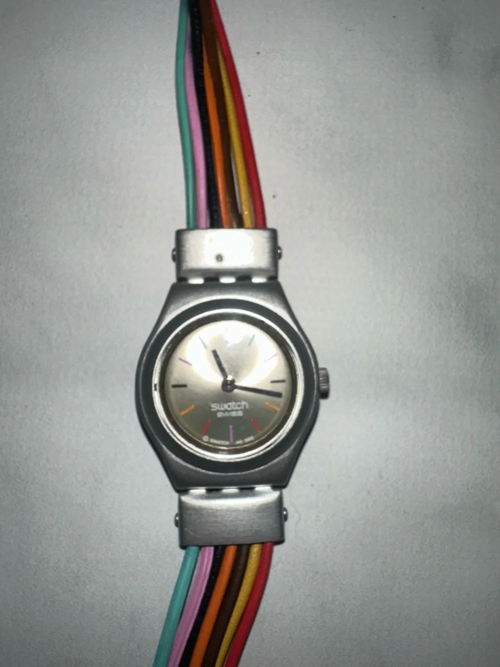 🇨🇭Swatch Purchased in Switzerland With Silver Dial Watch with Rainbow Strap